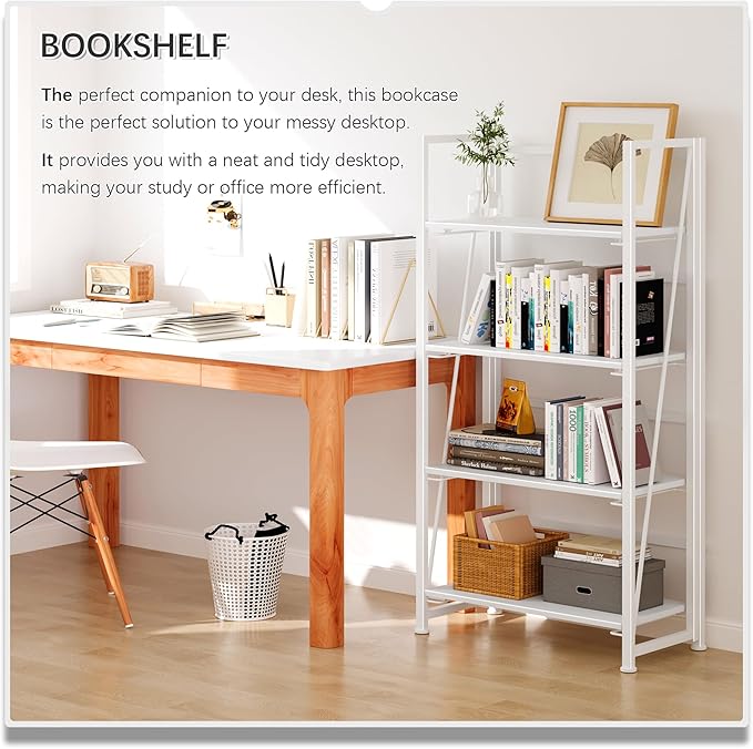 4NM No Assembly Folding Bookshelf Storage Shelves 4 Tiers Vintage Bookcase Standing Racks Study Organizer Home Office (All White)