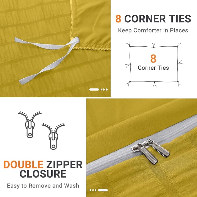 HYMOKEGE Mustard Yellow Duvet Cover King Size, Ultra Soft 3-Piece Seersucker - Image 4