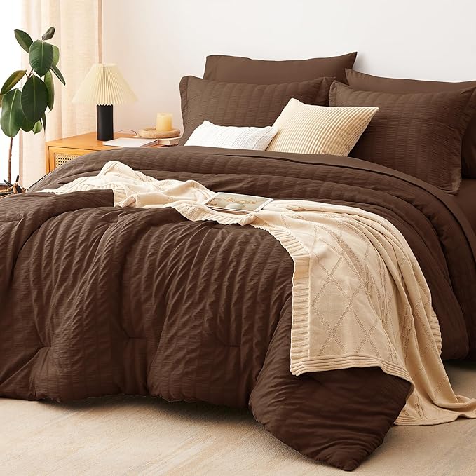 CozyLux Oversized King Comforter Set Brown Seersucker 7 Pieces 120x98 Bed in a by CozyLux