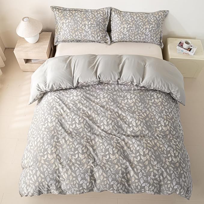 OAITE Grey Leaves Twin Size Duvet Cover-3 Pieces Prewashed Cotton-Like - Image 6