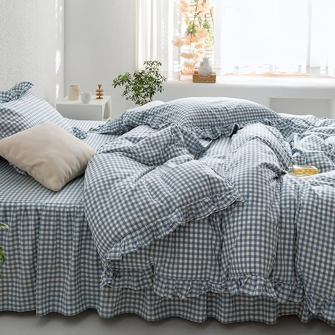 mixinni Blue White Gingham Ruffle Duvet Cover Twin Size 3 Pieces – 100% Washed - Image 4