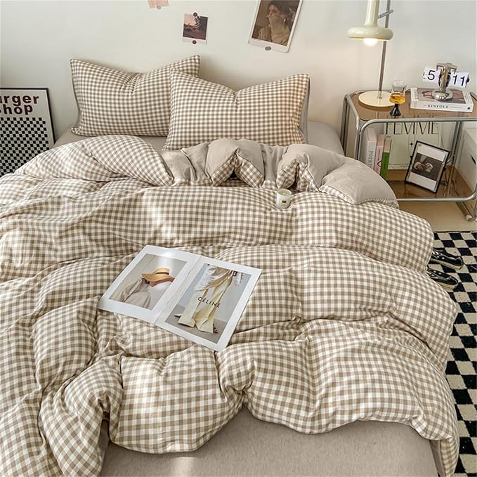 Nayoroom Gingham Duvet Cover Twin Size Brown Tan Plaid Checkered Comforter - Image 2