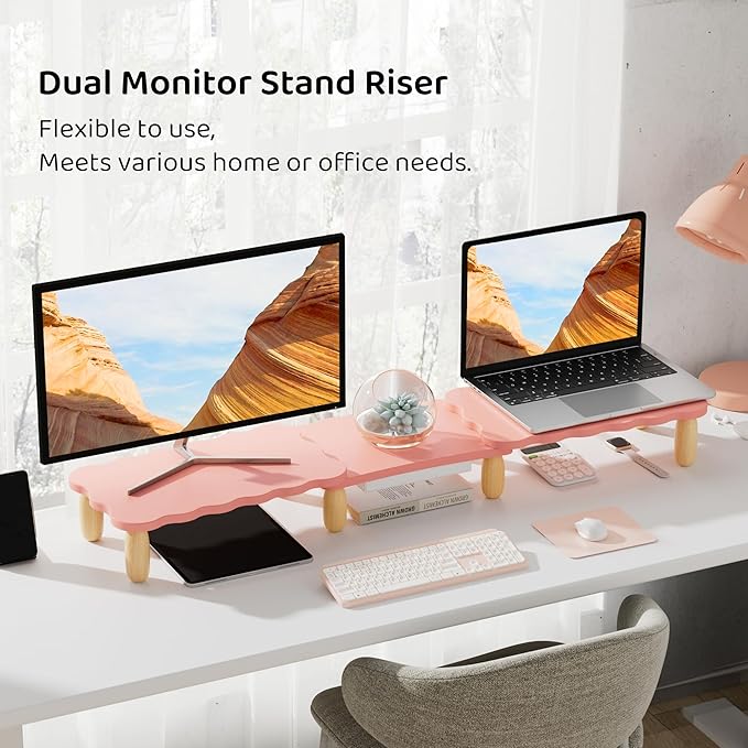 AFOOYO Dual Monitor Riser, Cookie-Shaped Adjustable Length & Swivel Angle, Wooden Desktop Organizer for 2 Monitors,Monitor Stand with Drawer for Laptop, PC, Computer, Printer,Pink
