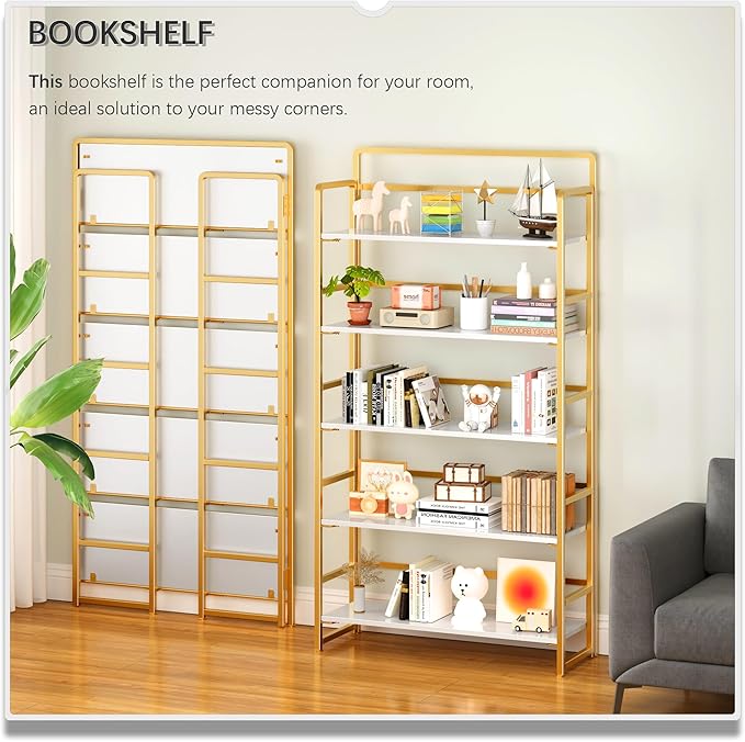 4NM No Assembly Extra Wide 5 Tiers Folding Bookshelf Storage Shelves Vintage Bookcase Standing Racks Study Organizer Home Office (White Gold)