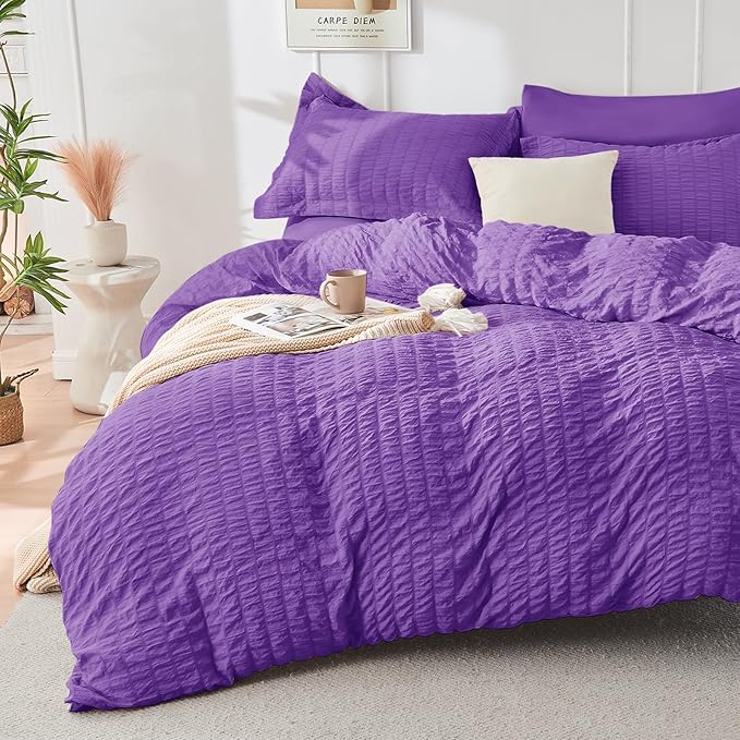 HYMOKEGE Bright Purple Twin XL Comforter Set Seersucker 5 Pieces, All Season - Image 2