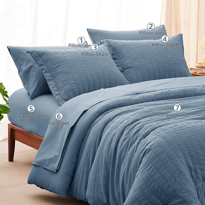 CozyLux Queen Comforter Set Grayish Blue Seersucker 7 Pieces Bed in a Bag Queen - Image 8