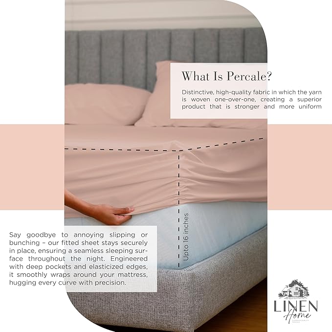 Linen Home 100% Cotton Percale Sheets King Size, Brushed Rose, Deep Pocket - Image 4