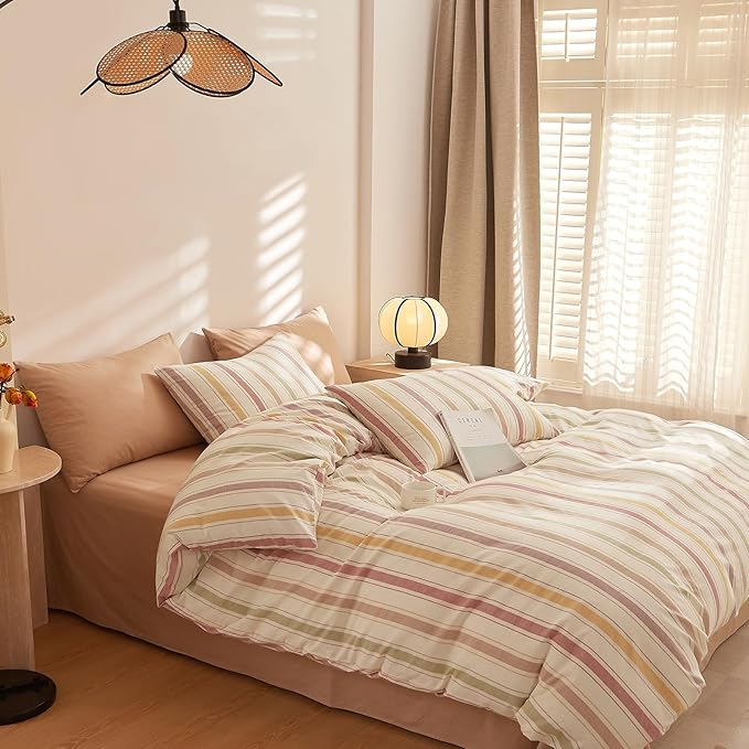 mixinni Vintage Striped Duvet Cover Set Twin, 3-Piece Washed Cotton Bedding Set - Image 5