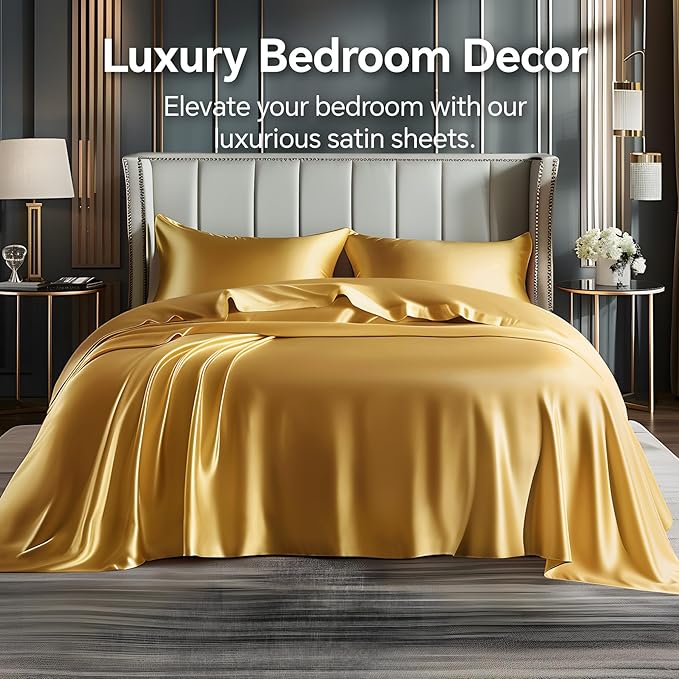 BEDELITE California King Sheets Set, Luxury Soft Gold Satin Sheets - Image 2
