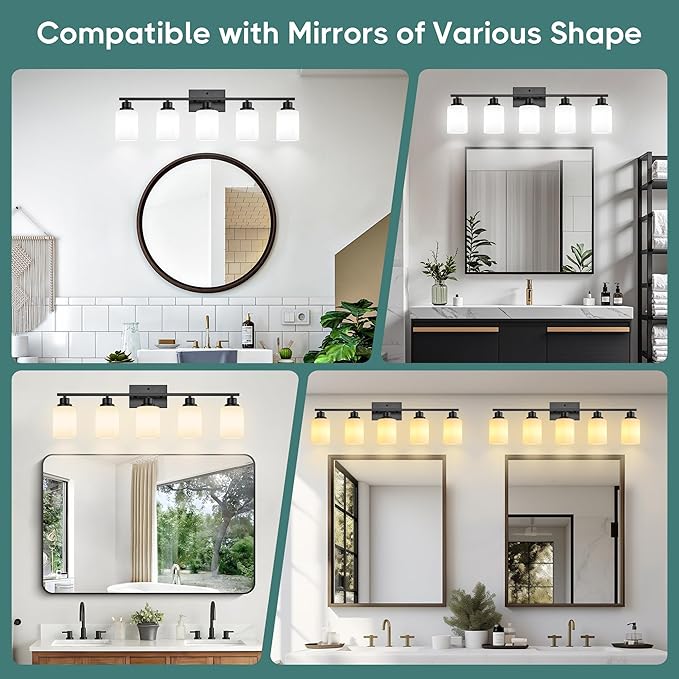 Ascher Bathroom Light Fixtures, 5-Light Vanity Light Over Mirror, Matte Black - Image 9