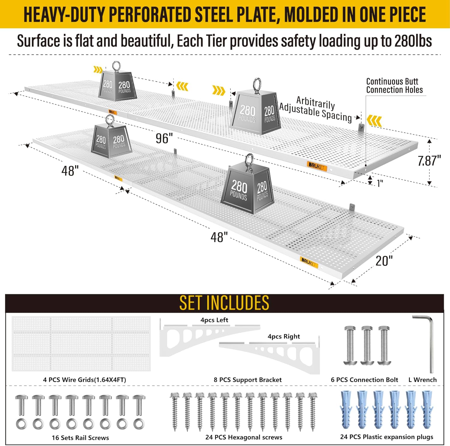 4Pack 1.64x4ft Adjustable Metal Garage Wall Shelving Heavy Duty Garage Storage Shelf Wall Mounted White
