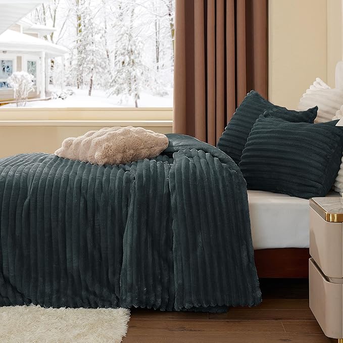 BEDELITE Fleece Queen Comforter Set -Super Soft & Warm Fluffy Dark Grey Bedding - Image 4