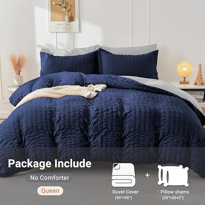 HYMOKEGE Navy Blue/Light Grey Duvet Cover Queen Size, Ultra Soft 3-Piece - Image 4