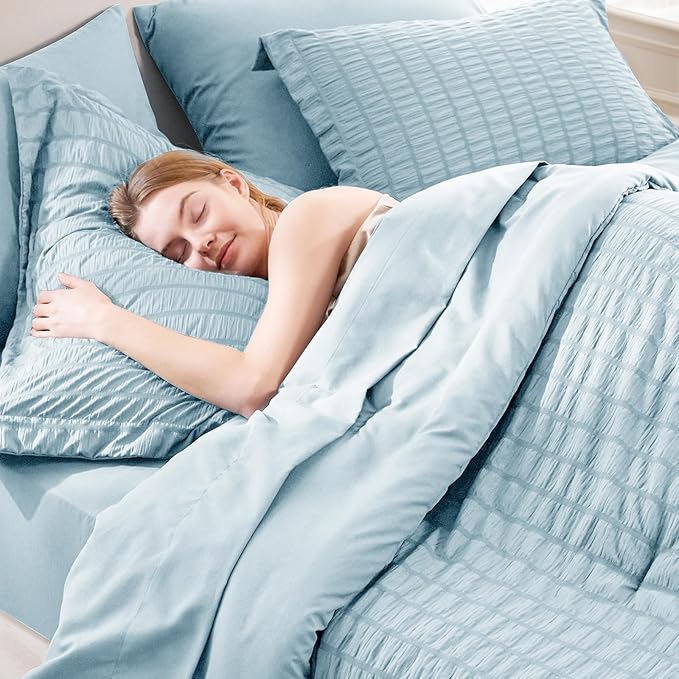 CozyLux Queen Comforter Set Light Blue Seersucker 7 Pieces Bed in a Bag Queen - Image 5