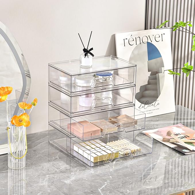 5 Pack Makeup Organizer Stackable, 12.1''L Bathroom Organizer and Storage Acrylic Undersink Drawer Organizer, Cosmetics and Beauty Supplies,Clear Plastic Storage Bins for Vanity,Pantry,Cabinet,Kitchen