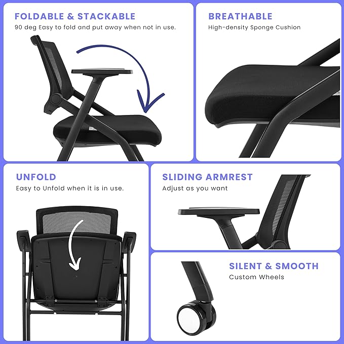 30 Pack Stackable Conference Room Chairs with Wheels and Paddle, Ergonomic Mesh Back and Arms for Meeting, Conference, Reception, Training Room & Home Office Desk Folding Chairs