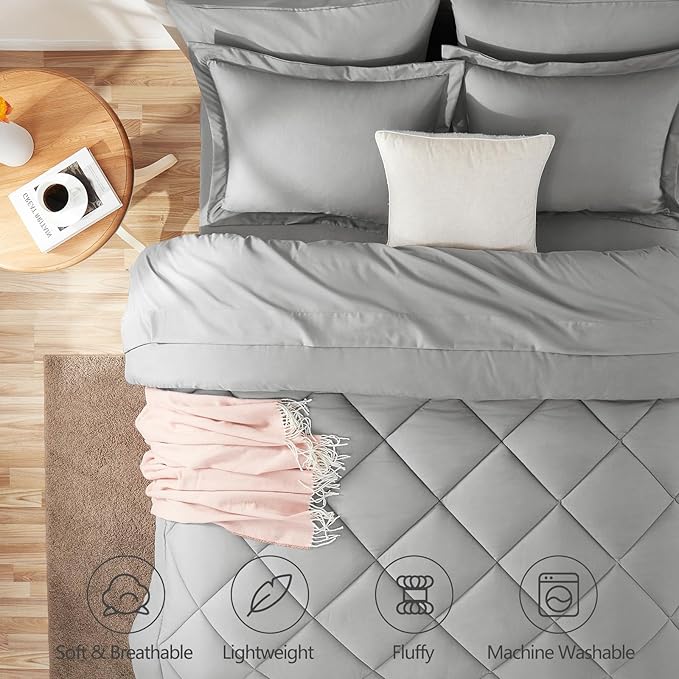 CozyLux Oversized King Comforter Set Light Grey, 7 Pieces Bed in a Bag - Image 2