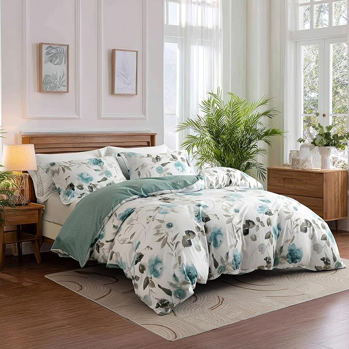OAITE Duvet Cover King Size, Reversible Green Ink wash Flower White Duvet Cover - Image 2