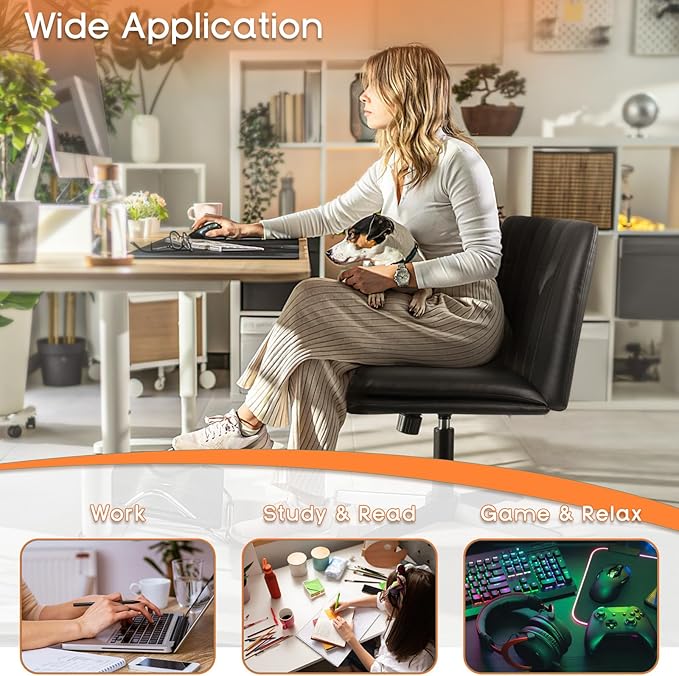 PUKAMI Criss Cross Legged Office Chair,Armless Office Desk Chair No Wheels,PU Leather Modern Swivel Vanity,Height Adjustable Wide Seat Mid Back Computer Task Chair for Home Office