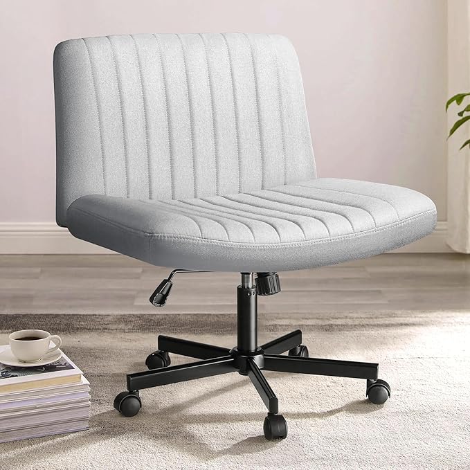 PUKAMI Criss Cross Chair with Wheels,Fabric Padded Armless Cross Legged Office Desk Chair for Home Office,Modern Swivel Height Adjustable Wide Seat (Grey)