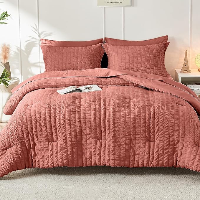 HYMOKEGE Coral King Size Comforter Set Seersucker 7 Pieces, All Season Luxury - Image 9