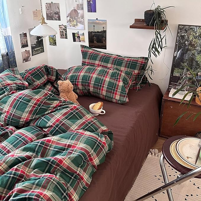 mixinni Vintage Green Buffalo Plaid Washed Cotton Duvet Cover Twin - Image 5