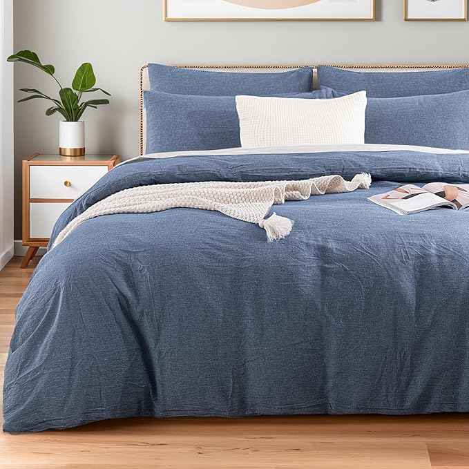 NEXHOME PRO Duvet Cover Full 100% Washed Cotton, Heathered Blue Breathable by NEXHOMEPRO