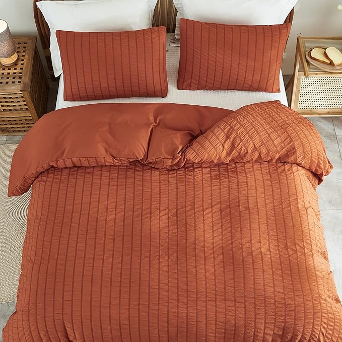 AveLom Terracotta Seersucker Duvet Cover Set Queen Size, 3 Pieces, Ultra Soft - Image 6