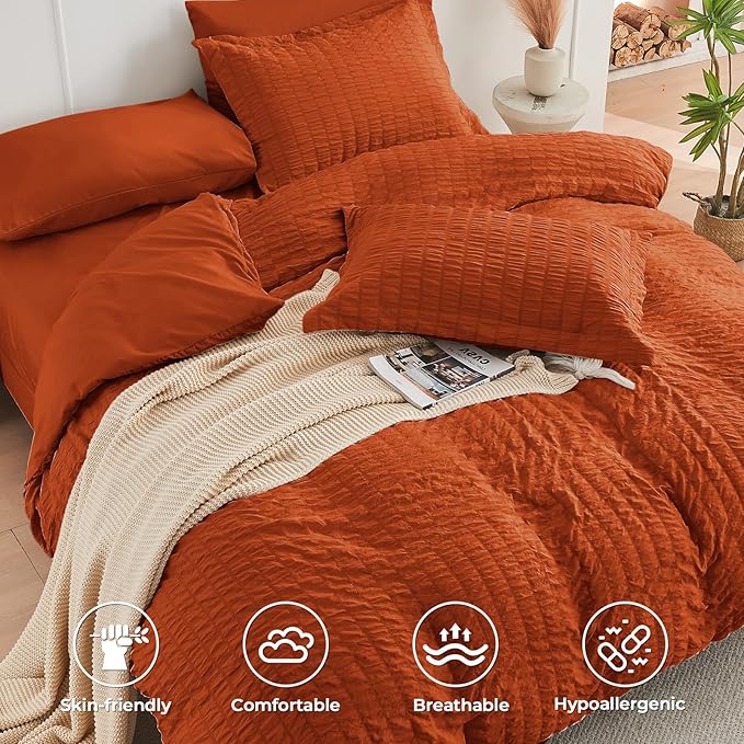 HYMOKEGE Burnt Orange Queen Comforter Set Seersucker 7 Pieces, All Season - Image 3