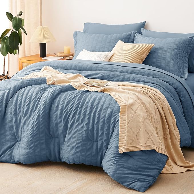 CozyLux Queen Comforter Set Grayish Blue Seersucker 7 Pieces Bed in a Bag Queen by CozyLux