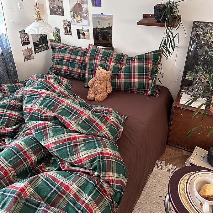 mixinni Vintage Green Buffalo Plaid Washed Cotton Duvet Cover Twin by mixinni