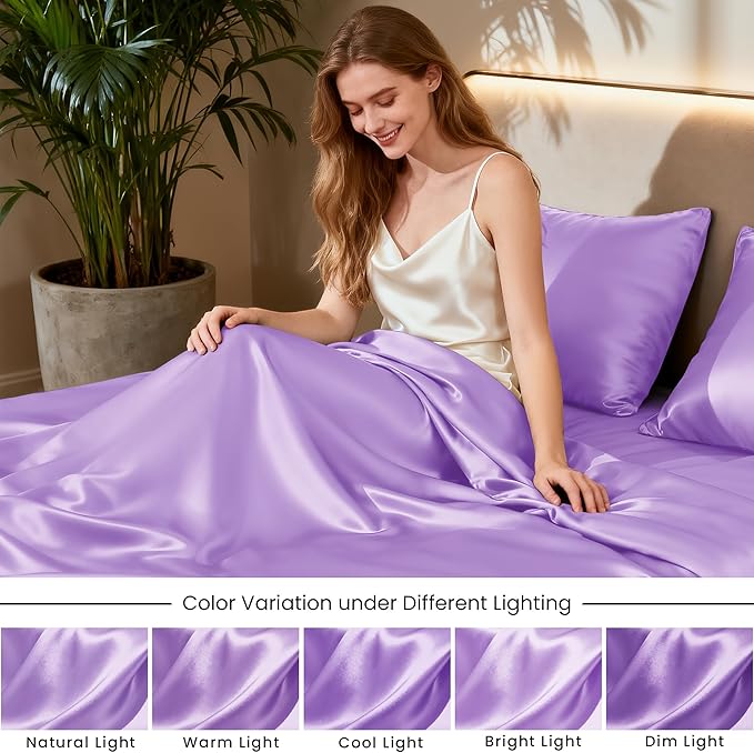 Love's cabin 4Piece California King Satin Bed Linen Set, Lavender Silky Satin - Image 7