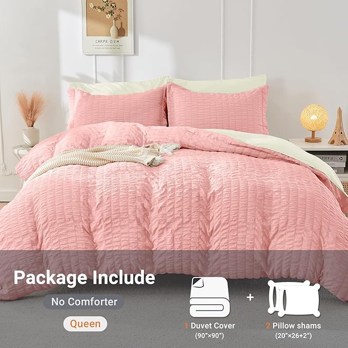 HYMOKEGE Pink/Ivory Duvet Cover Queen Size, Ultra Soft 3-Piece Seersucker Duvet - Image 4