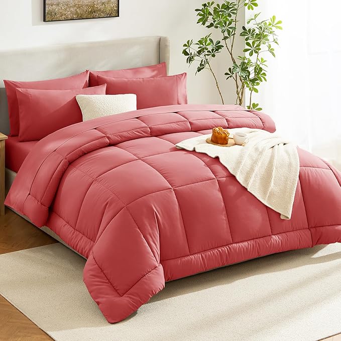 CozyLux Queen Comforter Set Coral, 7 Pieces Bed in a Bag, Coral Comforters - Image 8