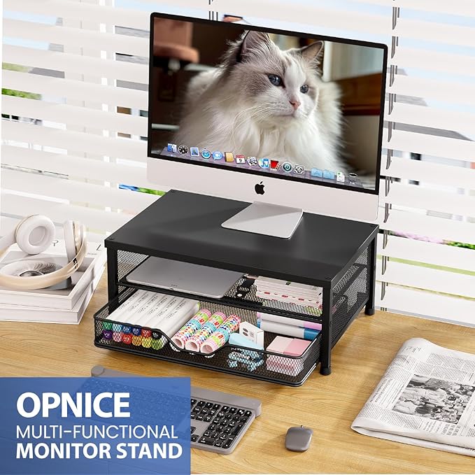 OPNICE Computer Monitor Stand Riser, Desk Organizer with Drawer, Laptop Stand, Office Desk Accessories & Workspace Desktop Organizers Storage for Office Supplies(Black 2-Pack)