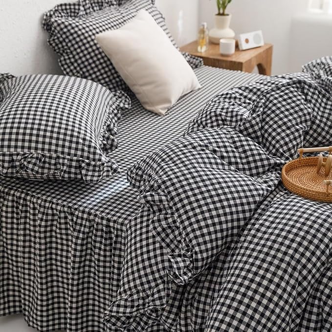 mixinni Black White Gingham Ruffle Duvet Cover Twin Size 3 Pieces – 100% Washed - Image 6