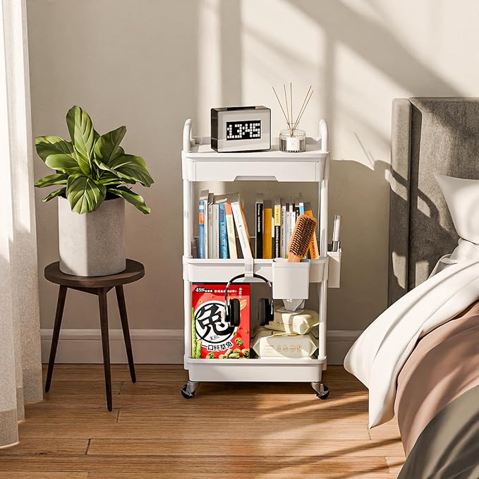 Sorgion 3 Tier Rolling Cart Organizer,Laundry Room Bathroom Organizers and Storage Office Shelves Mobile Shelving Unit Kitchen Trolley Cart with Wheels for Art,Craft,Diaper,Bedside,Snack(White)