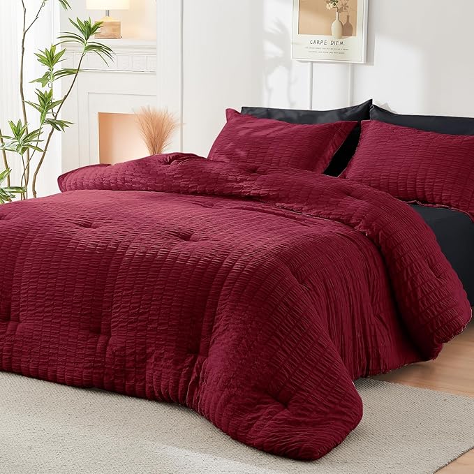 HYMOKEGE Red & Black King Size Comforter Set Seersucker 7 Pieces, All Season - Image 7