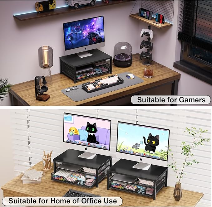 OPNICE Computer Monitor Stand Riser, Desk Organizer with Drawer, Laptop Stand, Office Desk Accessories & Workspace Desktop Organizers Storage for Office Supplies(Black)