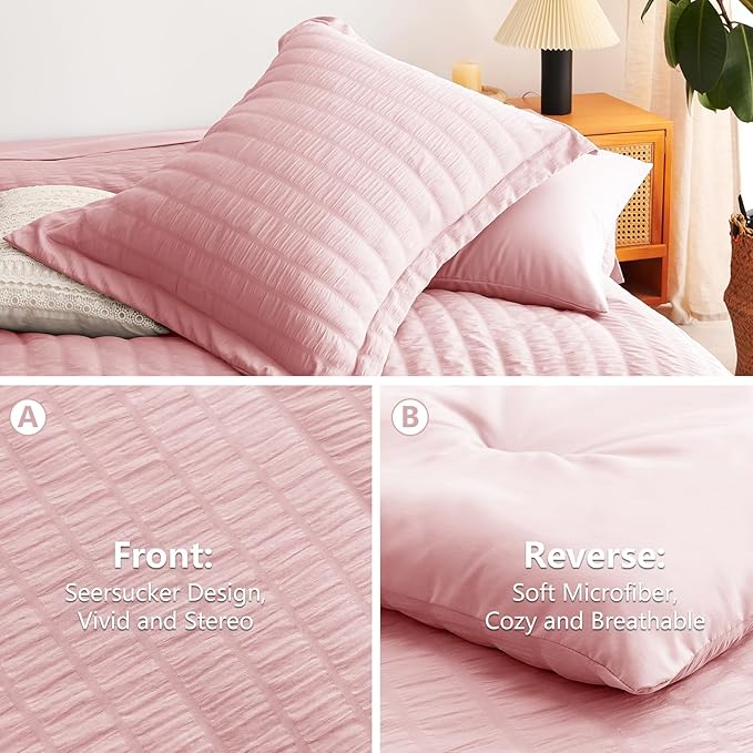 CozyLux Queen Comforter Set Pink Seersucker 7 Pieces Bed in a Bag Queen - Image 4