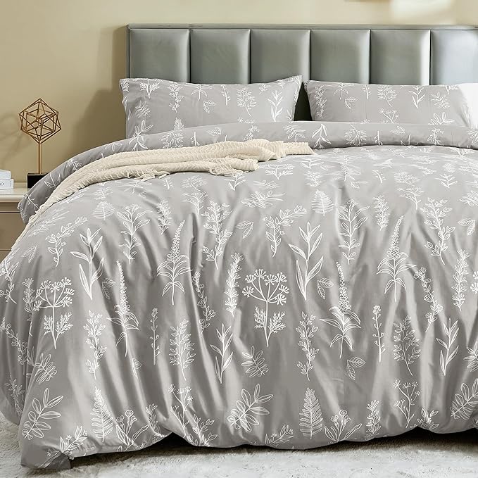 MUXHOMO Duvet Cover Full Size, Reversible Floral Silver Gray Duvet Cover Set by MUXHOMO