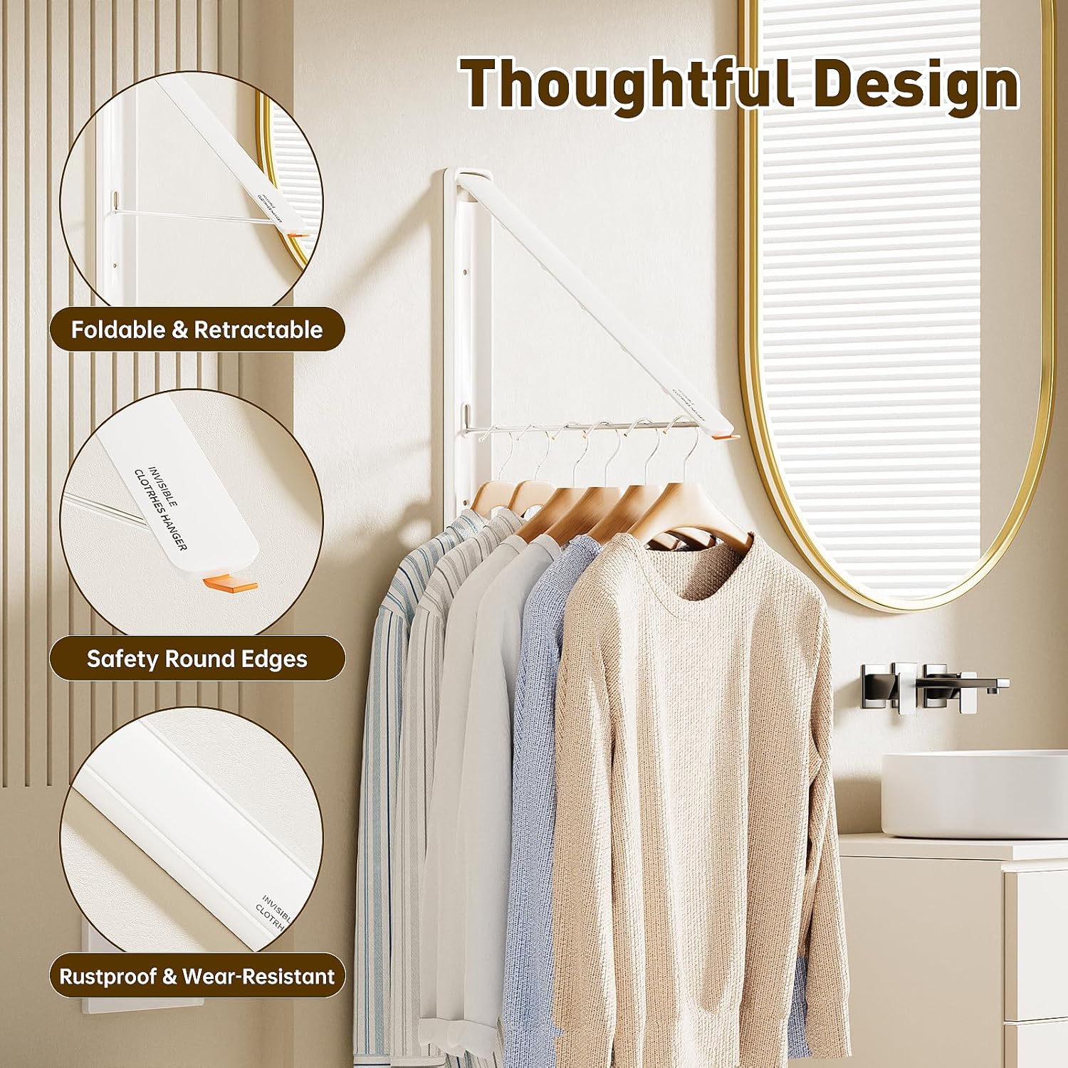 Clothes Drying Rack, Laundry Room Wall Mounted Retractable Clothes Hanger Drying Rack, Laundry Clothing Drying Rack Folding Indoor or Outdoor, Easy Installation Aluminium Dryer, 1pcs(White)