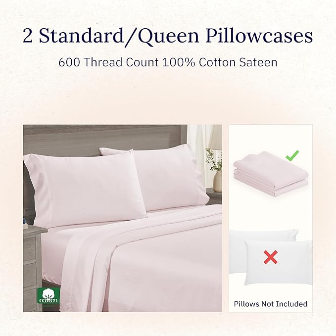 Luxuriously Soft Premium 600 Thread Count, 100% Cotton Set of 2 Cases, Crisp - Image 4