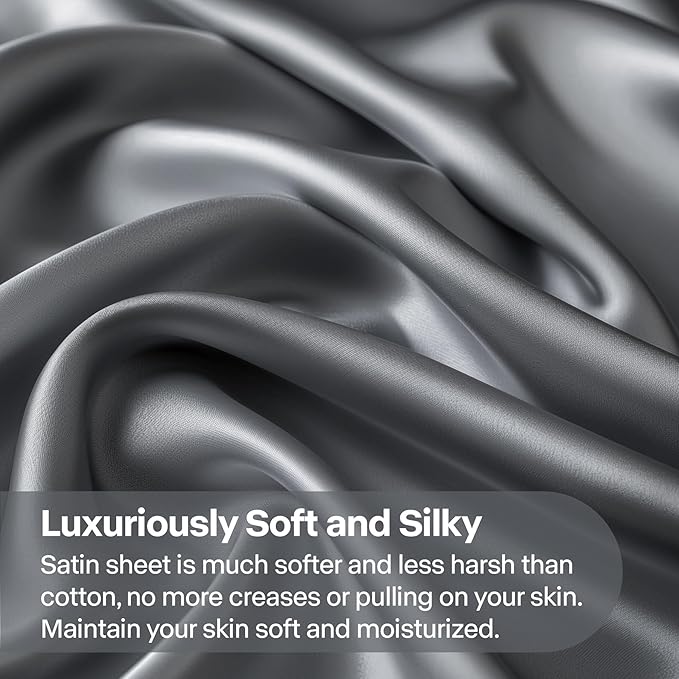 BEDELITE Satin Sheets Twin XL Size Bed Set, Luxury Soft Dark Grey Silky Sheet - Image 3