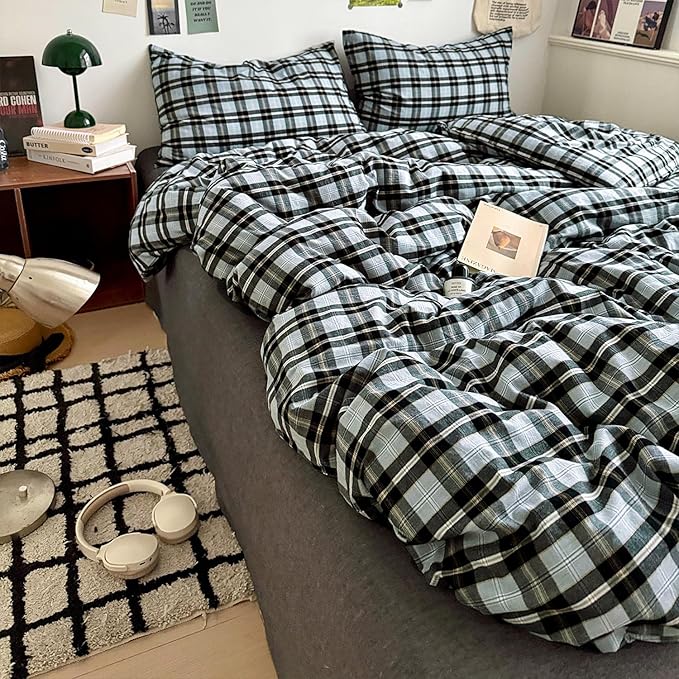 mixinni Vintage Grey & Pale Blue Buffalo Plaid Duvet Cover Set King Size - Image 9