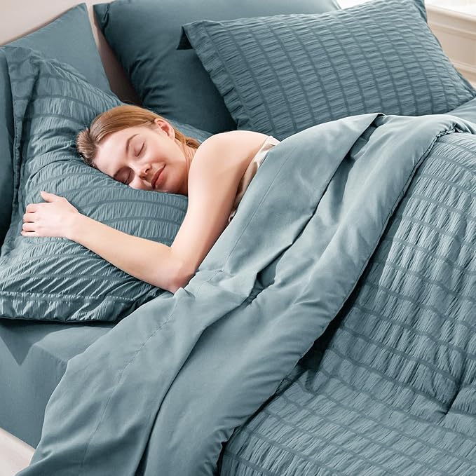 CozyLux Queen Comforter Set Mineral Blue Seersucker 7 Pieces Bed in a Bag Queen - Image 5