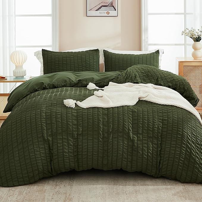 AveLom Dark Olive Green Seersucker Duvet Cover Set Full, 3 Pieces, Ultra Soft by AveLom