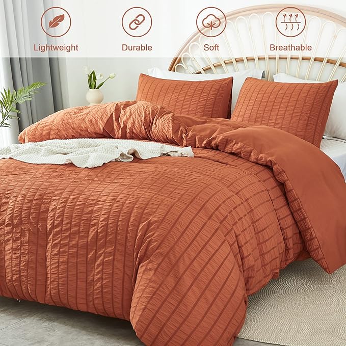 AveLom Terracotta Seersucker Duvet Cover Set Queen Size, 3 Pieces, Ultra Soft - Image 2