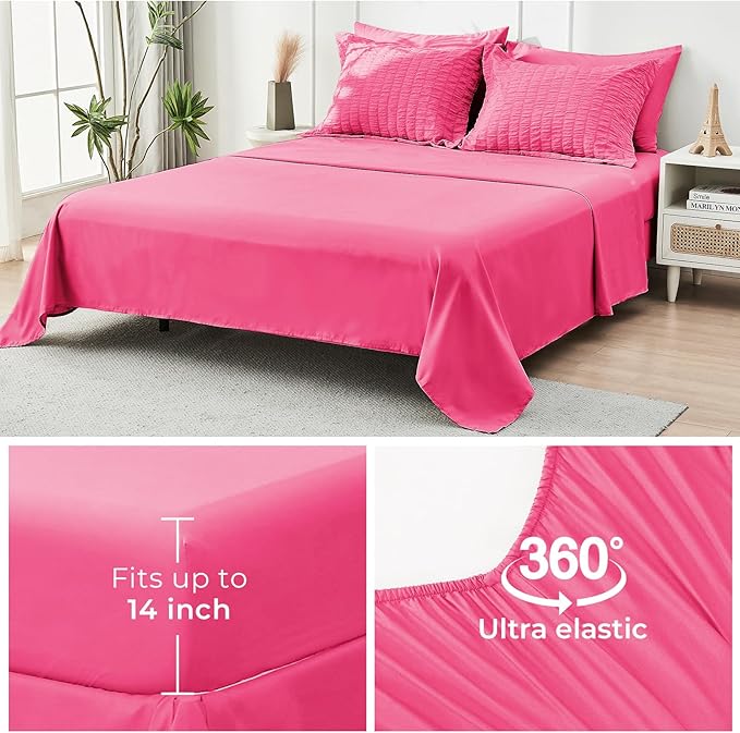 HYMOKEGE Hot Pink Twin Comforter Set Seersucker 5 Pieces, All Season Luxury Bed - Image 7