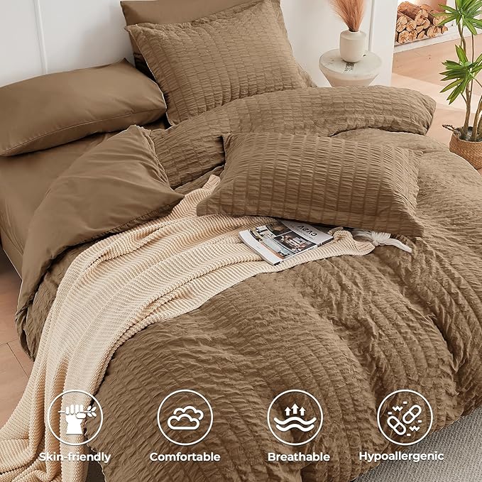 HYMOKEGE Brown Full Size Comforter Sets Seersucker 7 Pieces, All Season Luxury - Image 3